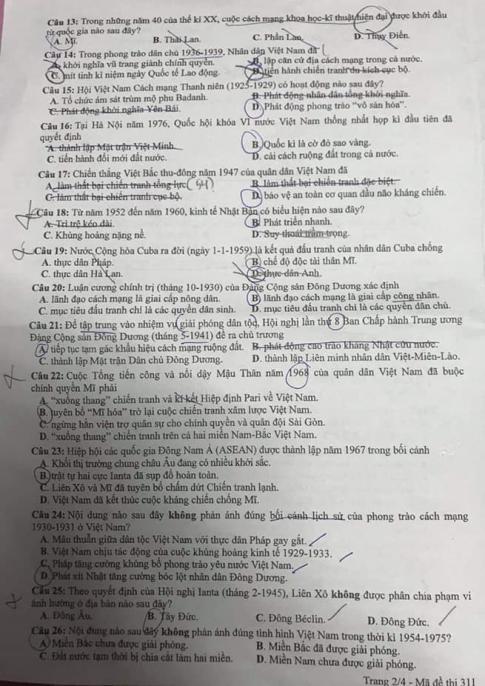 Thi THPQG 2020: Đề thi và đáp án môn Lịch sử mã đề 311