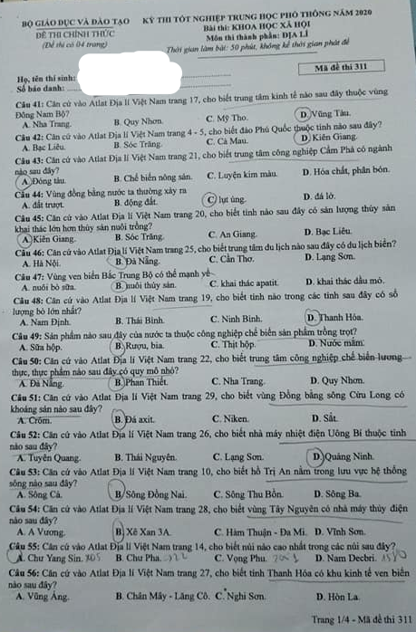 Thi THPQG 2020: Đề thi và đáp án môn Địa lí mã đề 311