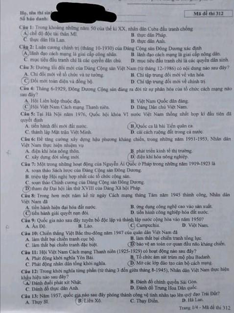 Thi THPQG 2020: Đề thi và đáp án môn Lịch sử mã đề 312
