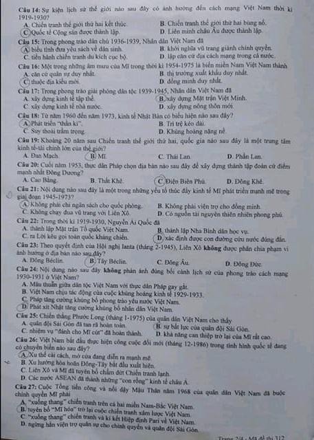 Thi THPQG 2020: Đề thi và đáp án môn Lịch sử mã đề 312