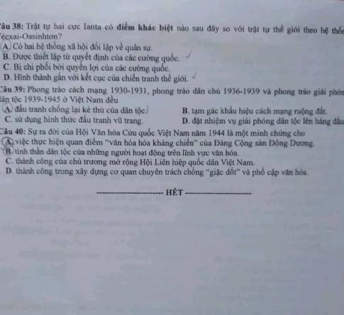 Thi THPQG 2020: Đề thi và đáp án môn Lịch sử mã đề 312