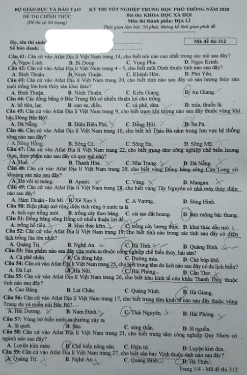Thi THPQG 2020: Đề thi và đáp án môn Địa lí mã đề 312