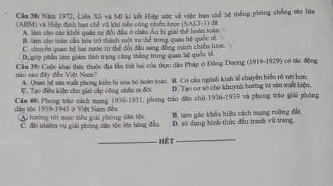 Thi THPQG 2020: Đề thi và đáp án môn Lịch sử mã đề 313