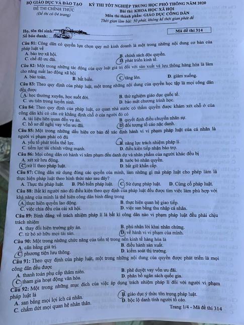 Thi THPQG 2020: Đề thi và đáp án môn GDCD mã đề 314