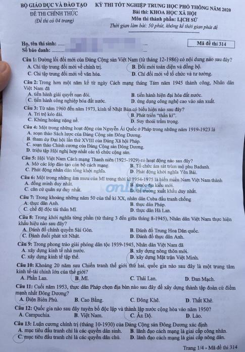 Thi THPQG 2020: Đề thi và đáp án môn Lịch sử mã đề 314