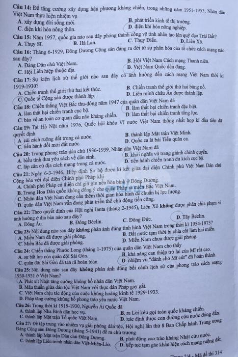 Thi THPQG 2020: Đề thi và đáp án môn Lịch sử mã đề 314