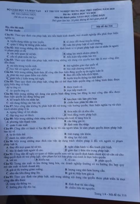 Thi THPQG 2020: Đề thi và đáp án môn GDCD mã đề 316