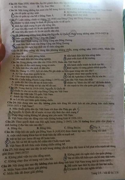 Thi THPQG 2020: Đề thi và đáp án môn Lịch sử mã đề 316