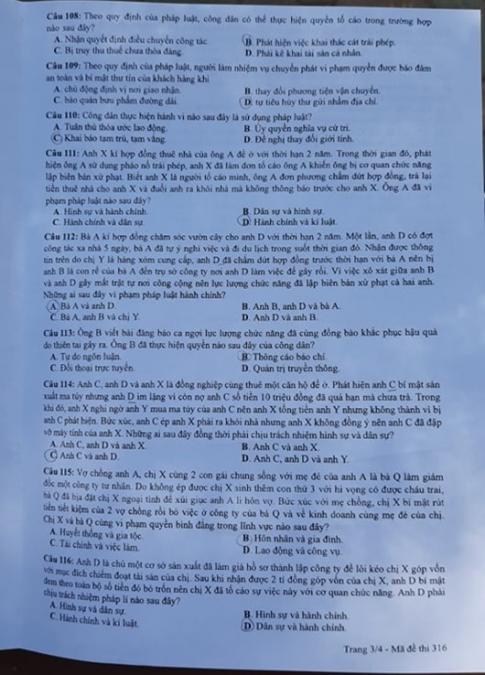 Thi THPQG 2020: Đề thi và đáp án môn GDCD mã đề 316