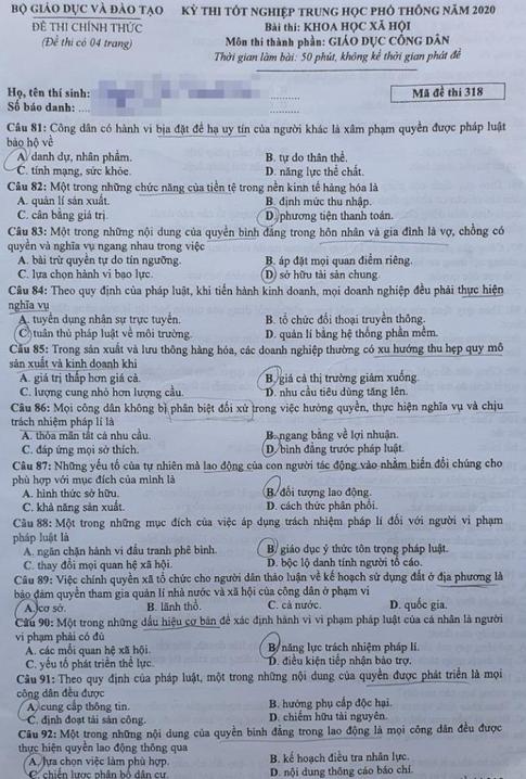 Thi THPQG 2020: Đề thi và đáp án môn GDCD mã đề 318