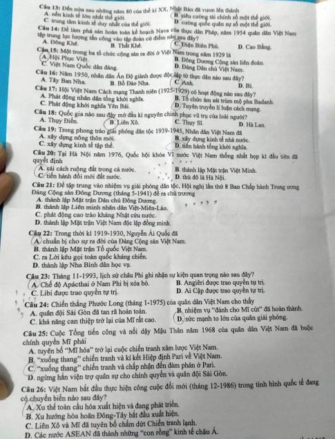 Thi THPQG 2020: Đề thi và đáp án môn Lịch sử mã đề 318