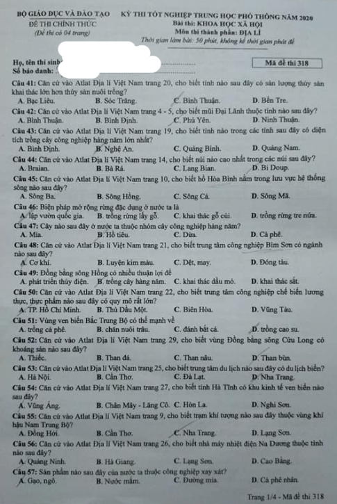Thi THPQG 2020: Đề thi và đáp án môn Địa lí mã đề 318