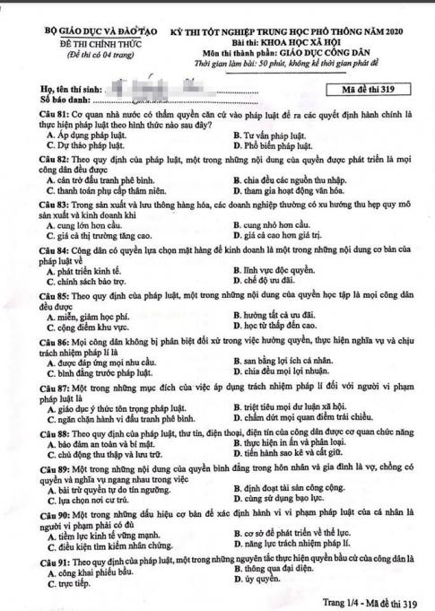Thi THPQG 2020: Đề thi và đáp án môn GDCD mã đề 319