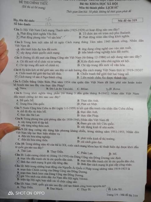 Thi THPQG 2020: Đề thi và đáp án môn Lịch sử mã đề 319