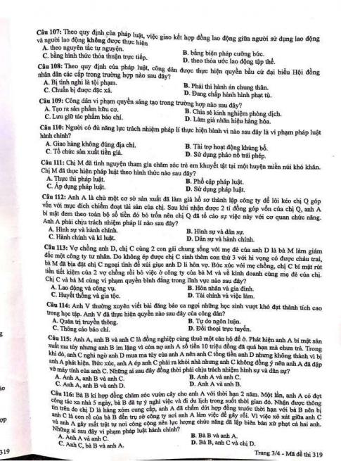Thi THPQG 2020: Đề thi và đáp án môn GDCD mã đề 319