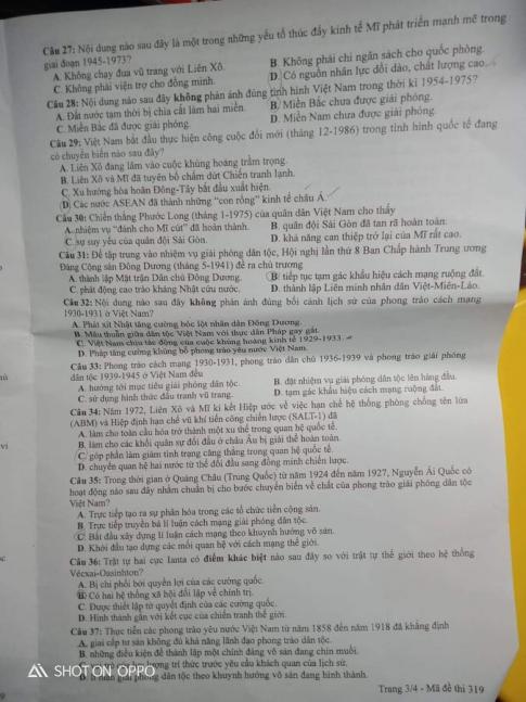 Thi THPQG 2020: Đề thi và đáp án môn Lịch sử mã đề 319