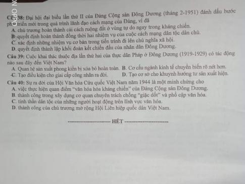 Thi THPQG 2020: Đề thi và đáp án môn Lịch sử mã đề 319