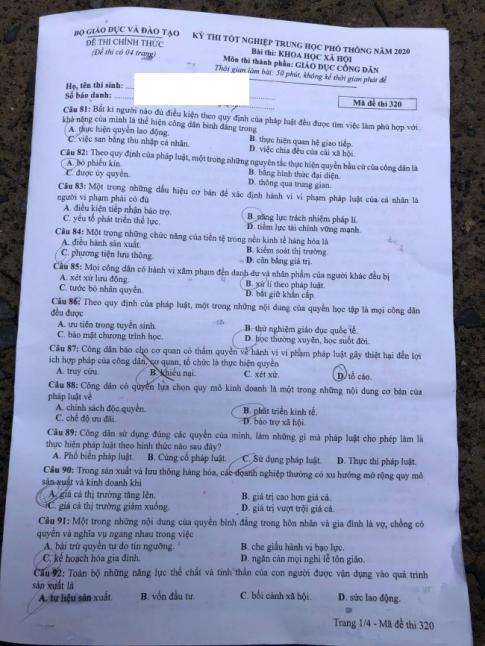 Thi THPQG 2020: Đề thi và đáp án môn GDCD mã đề 320