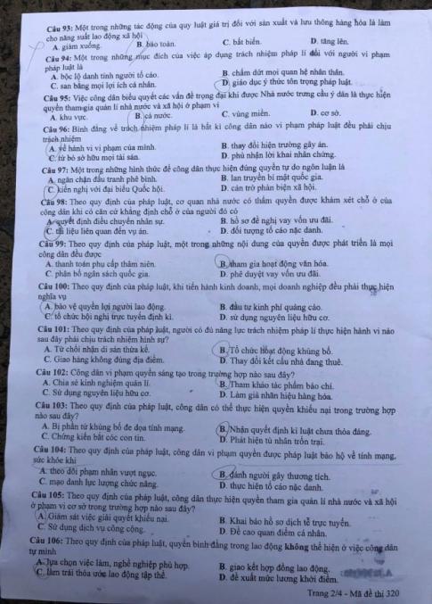 Thi THPQG 2020: Đề thi và đáp án môn GDCD mã đề 320
