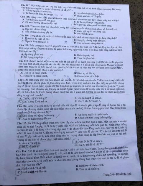 Thi THPQG 2020: Đề thi và đáp án môn GDCD mã đề 320