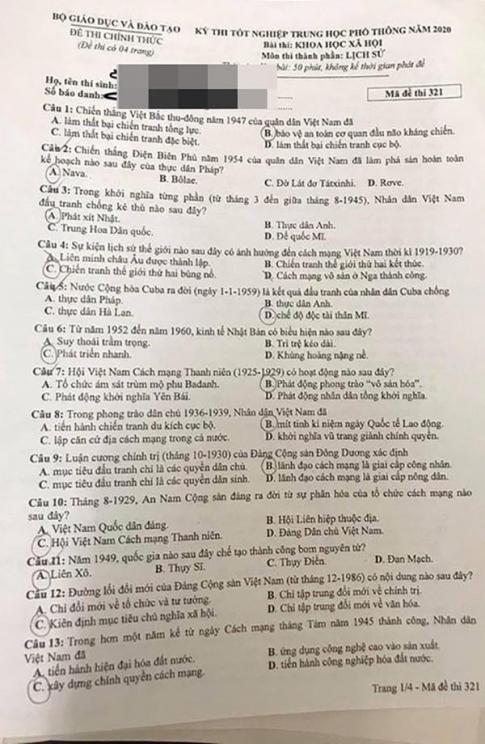 Thi THPQG 2020: Đề thi và đáp án môn Lịch sử mã đề 321