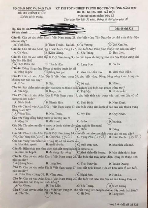 Thi THPQG 2020: Đề thi và đáp án môn Địa lí mã đề 321