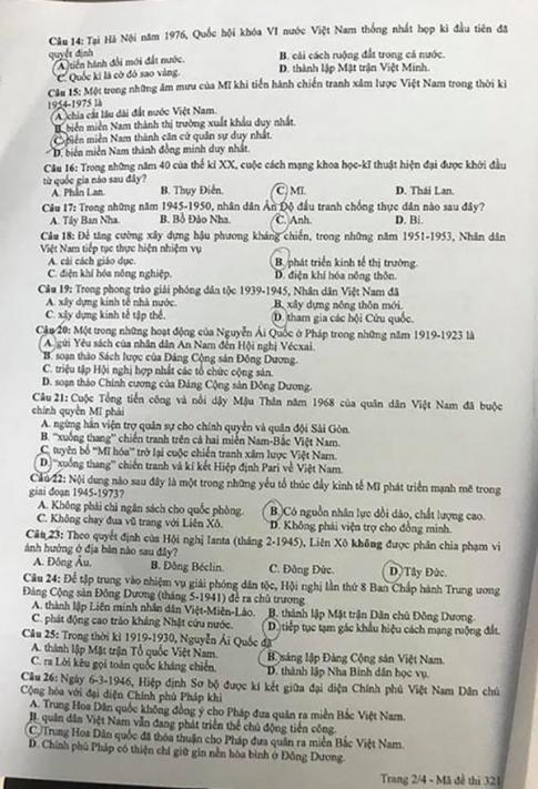 Thi THPQG 2020: Đề thi và đáp án môn Lịch sử mã đề 321