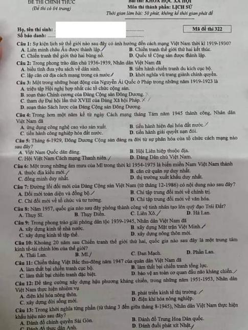 Thi THPQG 2020: Đề thi và đáp án môn Lịch sử mã đề 322