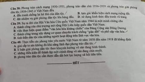 Thi THPQG 2020: Đề thi và đáp án môn Lịch sử mã đề 322