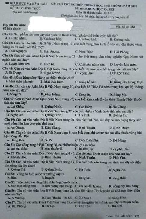 Thi THPQG 2020: Đề thi và đáp án môn Địa lí mã đề 322