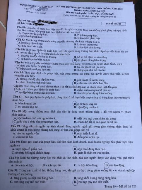 Thi THPQG 2020: Đề thi và đáp án môn GDCD mã đề 323