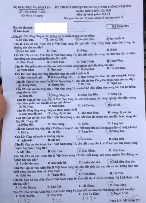 Thi THPQG 2020: Đề thi và đáp án môn Địa lí mã đề 323