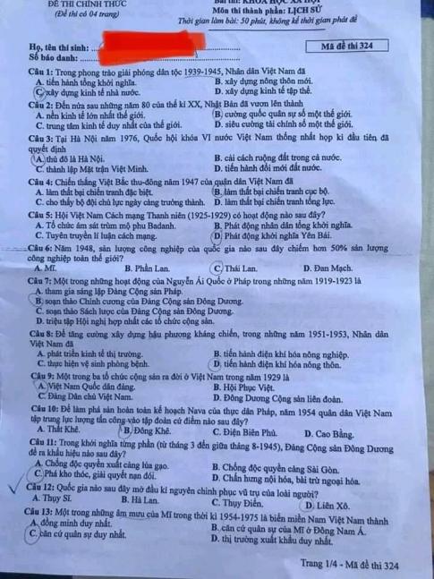 Thi THPQG 2020: Đề thi và đáp án môn Lịch sử mã đề 324