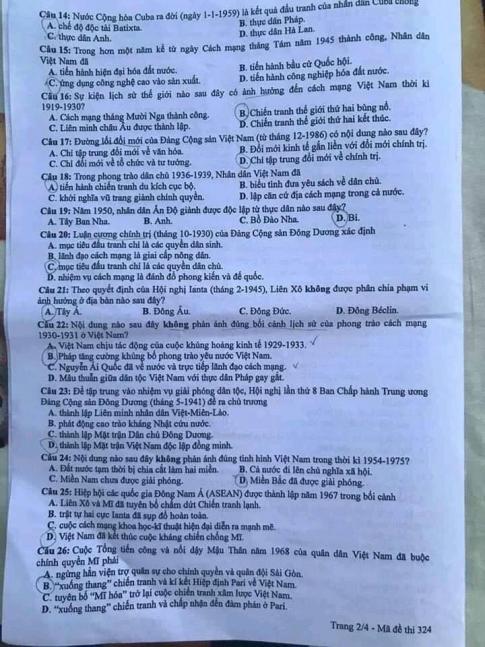 Thi THPQG 2020: Đề thi và đáp án môn Lịch sử mã đề 324
