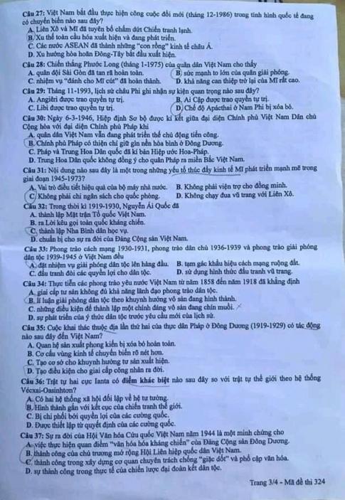 Thi THPQG 2020: Đề thi và đáp án môn Lịch sử mã đề 324