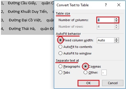 Cách chuyển đổi văn bản thành bảng, bảng thành văn bản trong word