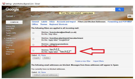 Phân loại, xử lý, lọc mail với  Filters and Blocked Addresses của Gmail