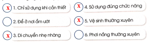 Hãy đánh dấu X vào ô chỉ việc làm đúng khi sử dụng sản phẩm công nghệ trong gia đình