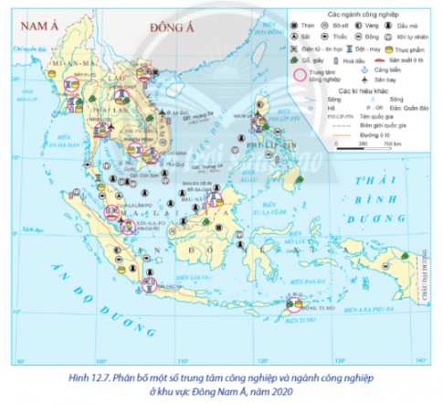  Quan sát Bản đồ phân bố một số trung tâm công nghiệp và ngành công nghiệp ở khu vực Đông Nam Á năm 2020, liệt kê các quốc gia khai thác dầu mỏ trong khu vực. 