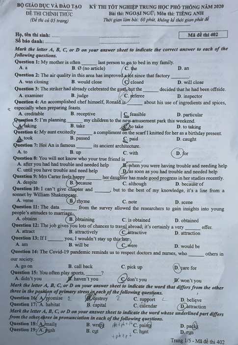 Thi THPQG 2020: Đề thi và đáp án môn Tiếng anh mã đề 402