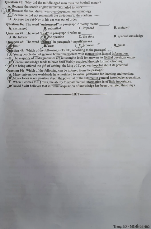Thi THPQG 2020: Đề thi và đáp án môn Tiếng anh mã đề 402