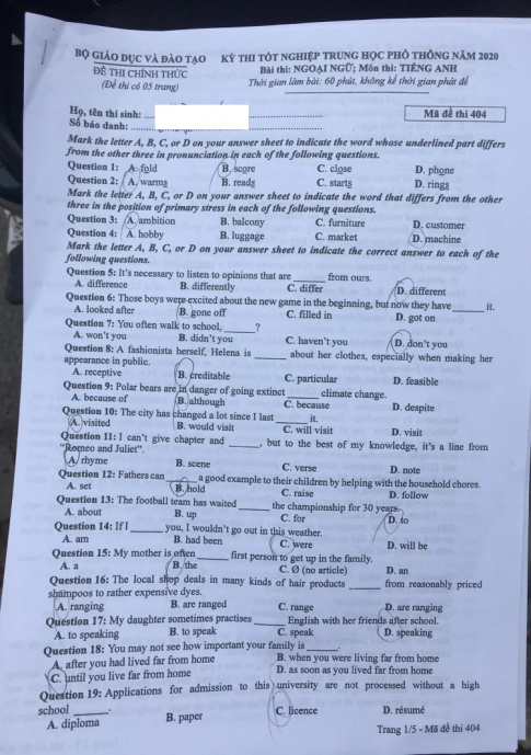 Thi THPQG 2020: Đề thi và đáp án môn Tiếng anh mã đề 404