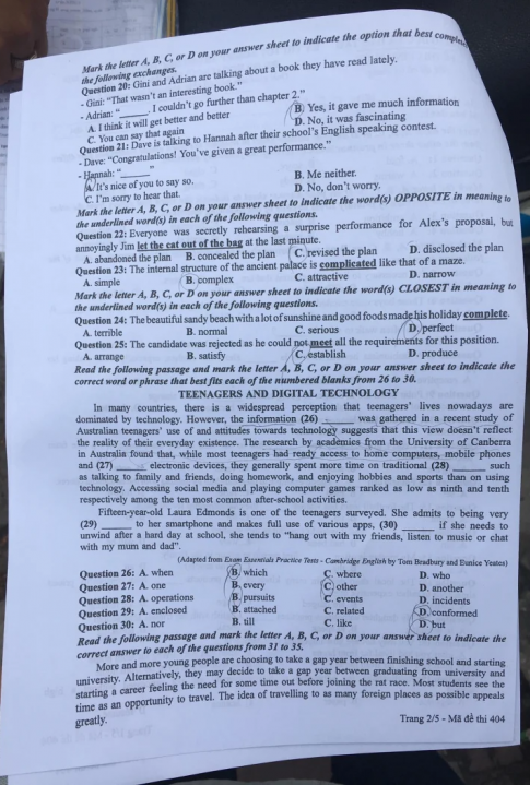 Thi THPQG 2020: Đề thi và đáp án môn Tiếng anh mã đề 404