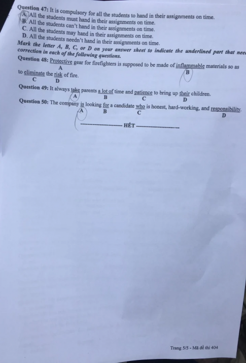 Thi THPQG 2020: Đề thi và đáp án môn Tiếng anh mã đề 404