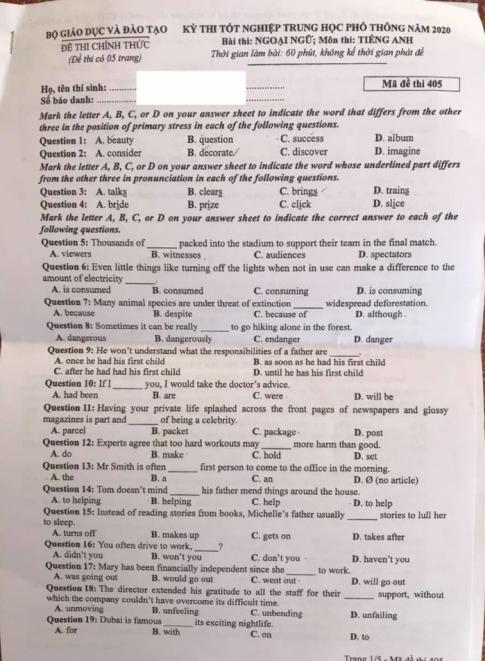 Thi THPQG 2020: Đề thi và đáp án môn Tiếng anh mã đề 405