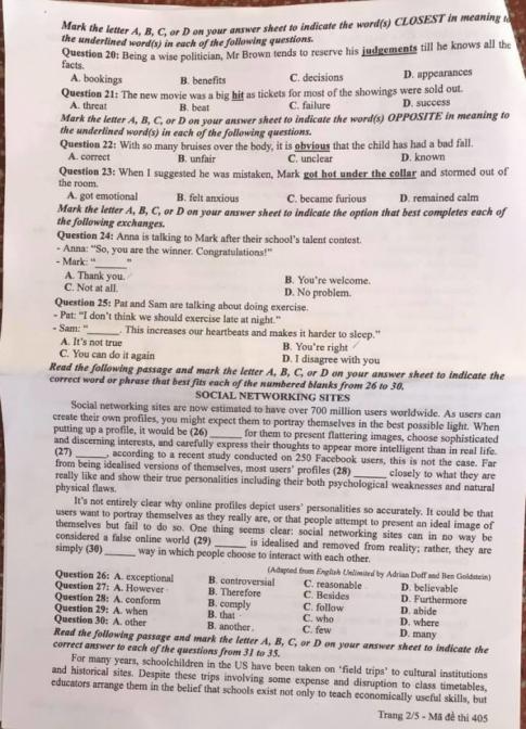 Thi THPQG 2020: Đề thi và đáp án môn Tiếng anh mã đề 405