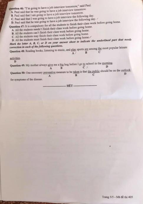 Thi THPQG 2020: Đề thi và đáp án môn Tiếng anh mã đề 405