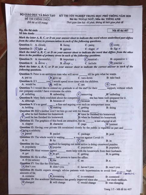 Thi THPQG 2020: Đề thi và đáp án môn Tiếng anh mã đề 407