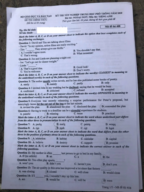 Thi THPQG 2020: Đề thi và đáp án môn Tiếng anh mã đề 408