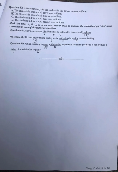 Thi THPQG 2020: Đề thi và đáp án môn Tiếng anh mã đề 409